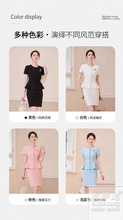2025Summer Blue Short Sleeve Blazer Suit Professional Women's Skirt Set Short Skirt Elegant Fashion Formal Workwear