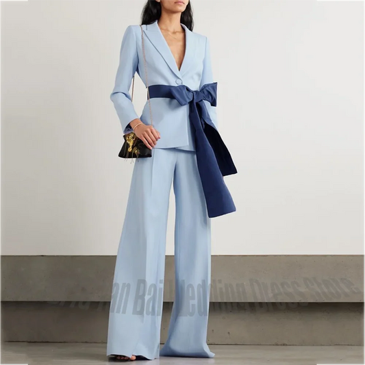 Women's Two Pieces Set Chic Single Breasted Regular Fit Blazer With Belt Fashion Bow Peak Lapel Party Event Elegant Pants Suit