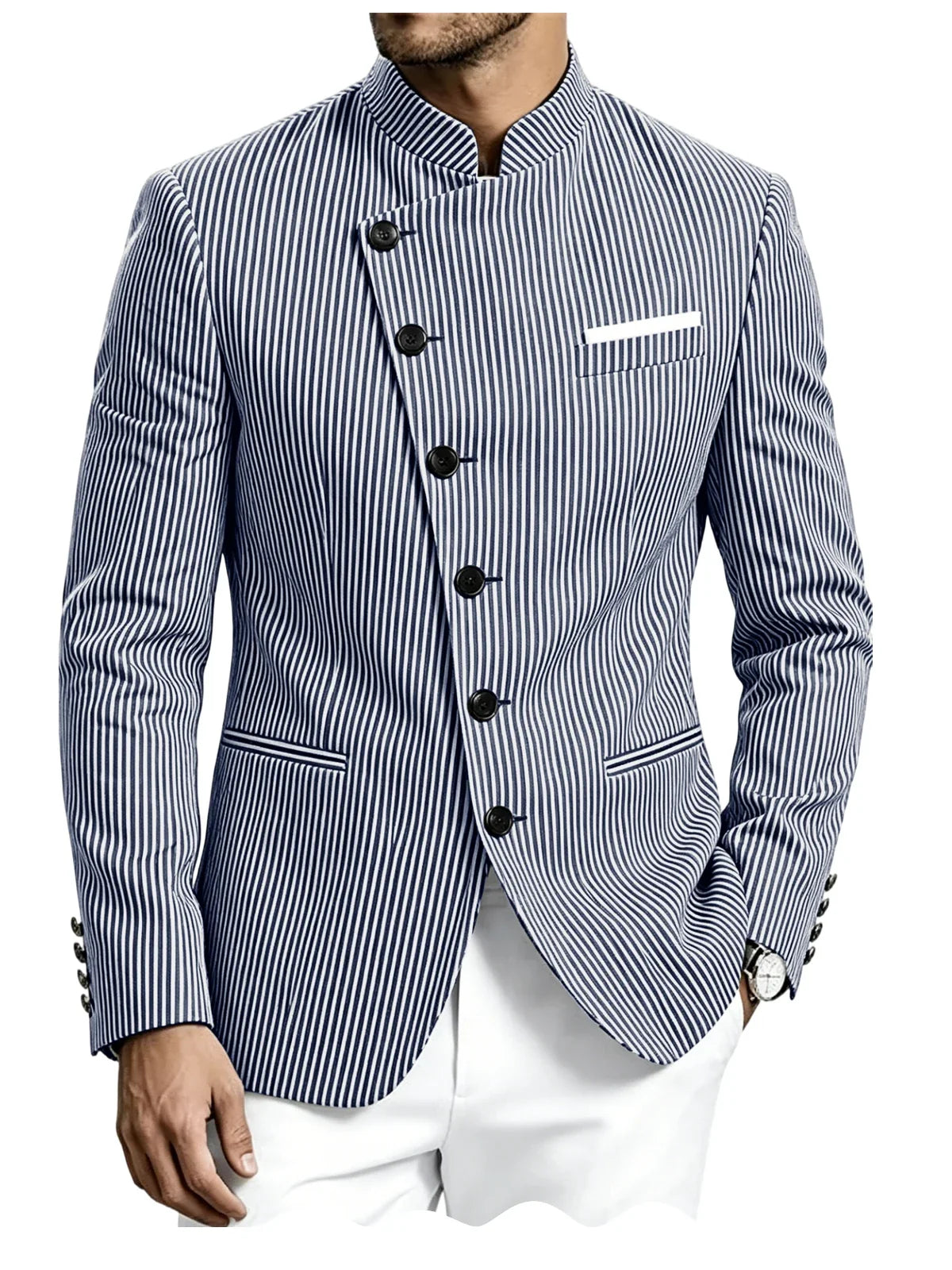Men Mandarin Collar Suit Jacket Stand Collar Asymmetrical Single Breasted Men Blazer Slim Fit Business Formal Coat For Business