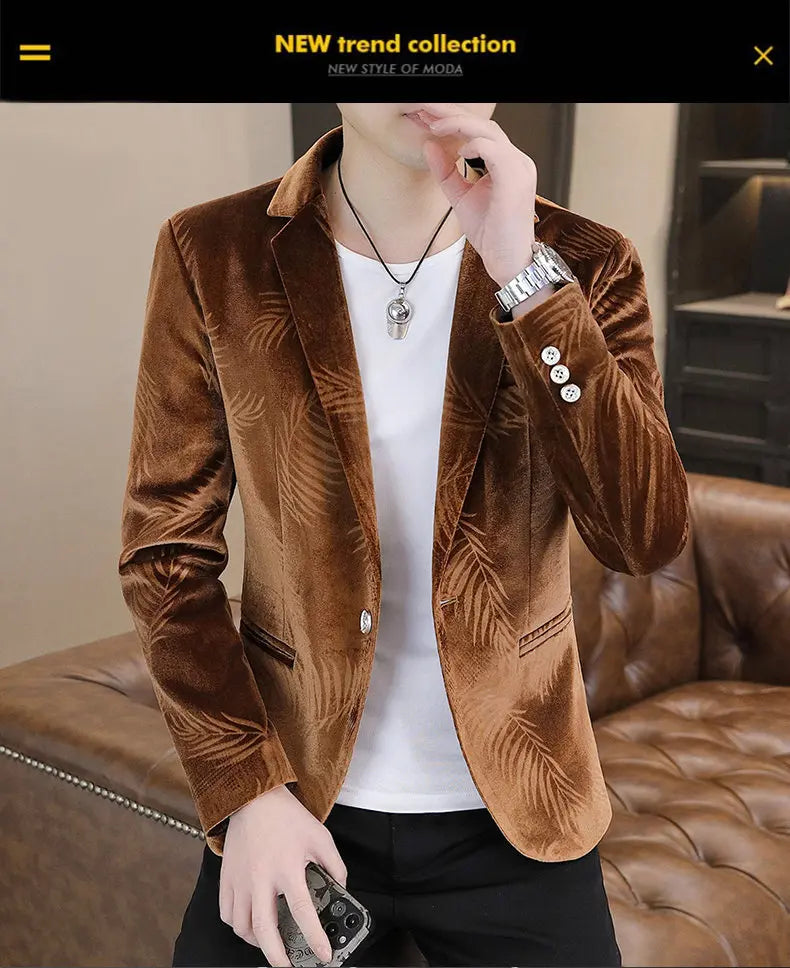 Blazer Men's Fashion Business Gentleman Groom Professional Gentleman Casual Velvet Bamboo Leaf Flower Dress High-end Blazer
