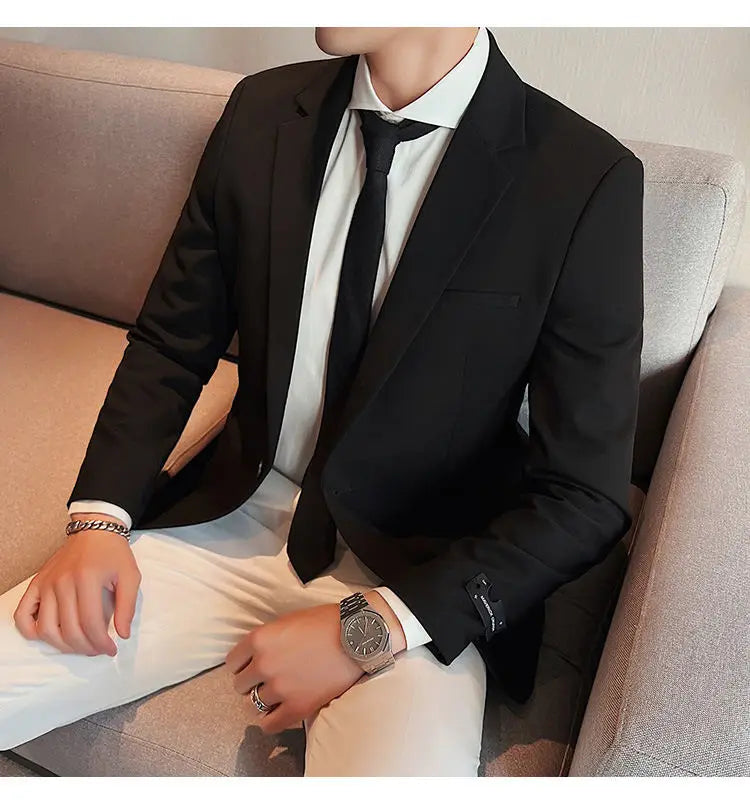 High-Quality Fashionable Men's Slim Fit Business Suit Jacket Autumn Wear Korean Style Pure Color Tweed High-End Feel