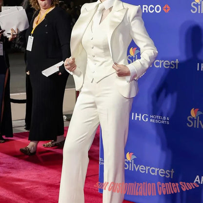 Elegant Women's White Clothes with Satin Lapel Three-Piece Suit Blazer+Vest+Pants Formal Sharp Tailored Set for Evening Party