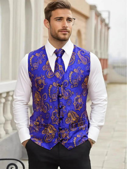 Men's Formal Vest Paisley Jacquard Wedding Waistcoat with Tie & Pocket Square Set