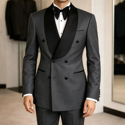 Men Suit Yellow 2 Pieces Double Button With Black Lapel For Wedding Birthday Banquet Party Business Work Office Jacket Pants