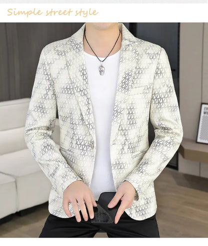 Korean Fashion Suit Jacket Men Slim Fit Geometric Printed Casual Business Blazers Autumn Social Groom Hairstylist Uniform Jacket