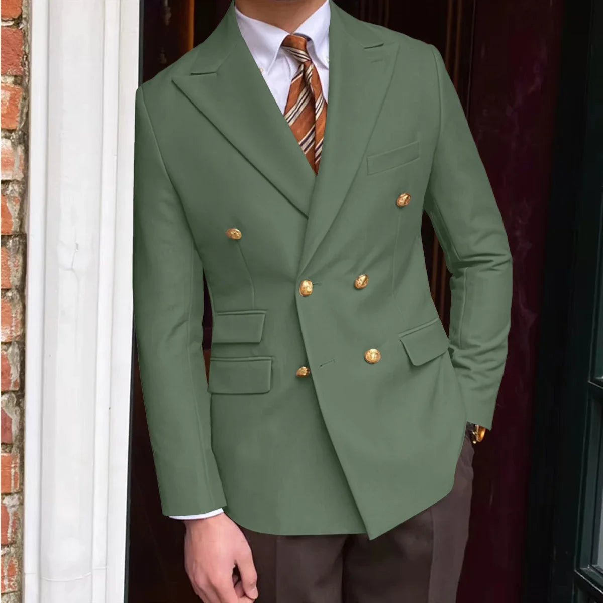 Men's Brown Serge Blazer Double Breasted Peak Lapel Gold Button Slim Fit British Style Fashion Suit Jacket Formal Business Casua
