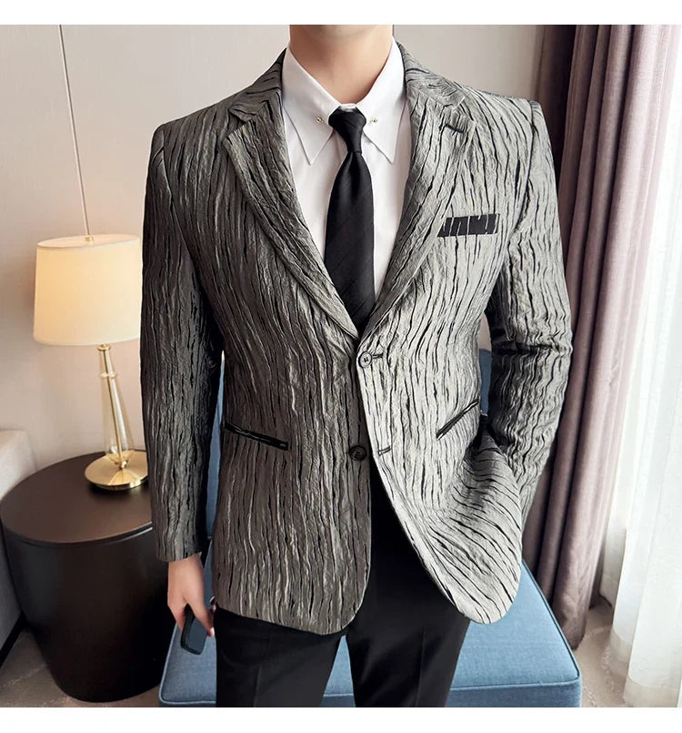 Korean Trend 3D Pleated Suit Jacket for Men Wedding Groom Business Dress Jacket Casual Banquet Party Host Blazer Masculino