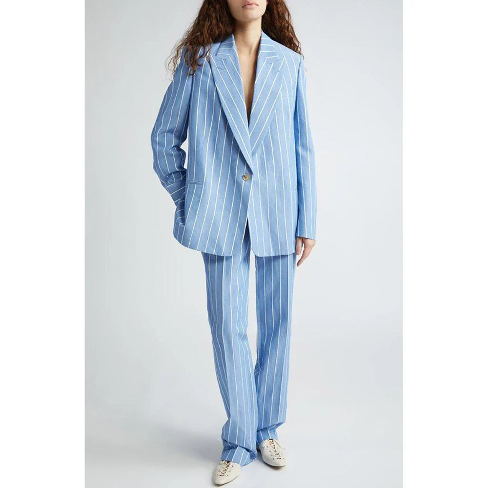 Single Button Sky Blue Stripe Women Pants Set High-end Female Two Pieces(Jacket+Trousers)أطقم بناطيل