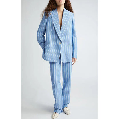 Single Button Sky Blue Stripe Women Pants Set High-end Female Two Pieces(Jacket+Trousers)أطقم بناطيل