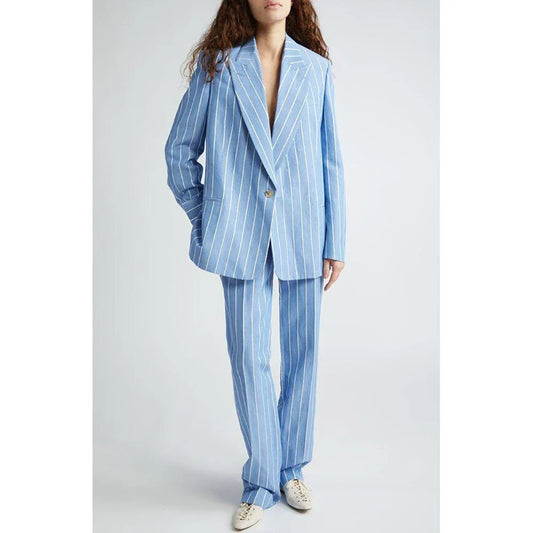 Single Button Sky Blue Stripe Women Pants Set High-end Female Two Pieces(Jacket+Trousers)أطقم بناطيل