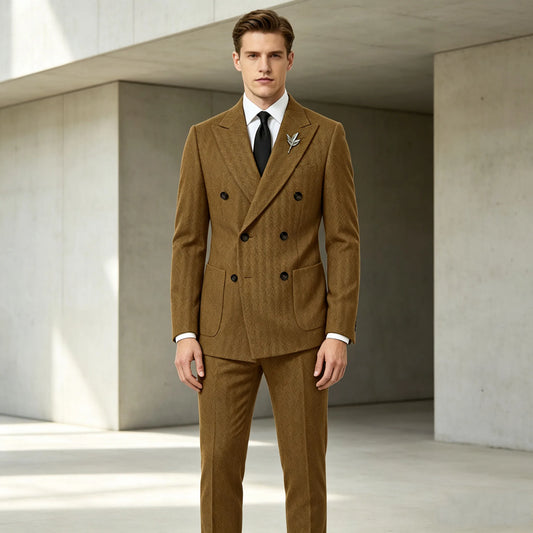 Vintage Men's Herringbone Tweed 2 Pieces Suit Double Breasted Peak Lapel Blazer Pants Formal Set Business Casual Wedding Party