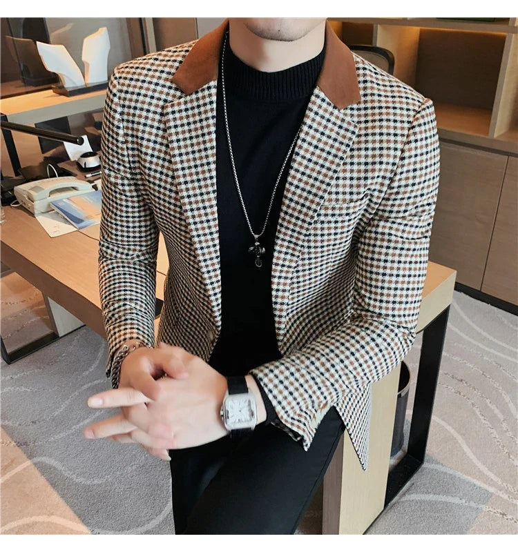 Men's High-Quality Fashion Suit Jacket Handsome Business Casual All-In-One Single-Breasted Checkered Design