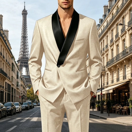 Men's Slim Fit Tuxedo Suit with Black Satin Shawl Lapel – 2-Piece Blazer & Pants for Wedding, Prom & Formal Events