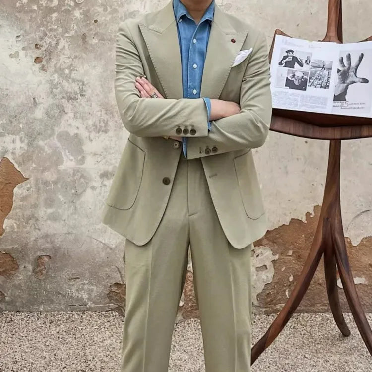 Fashion Mens New Breathable Spring Summer Blazer Pants Two Piece Set Slim Fit Business Casual Work Suit Wedding Party Dress Suit
