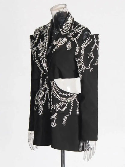 Solid Spliced Diamonds Turn-Down Collar Blazers Long Sleeve Hollow Out Patchwork Button Coat 2026 Autumn Women's New