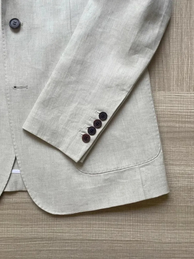 Men Thin Slim Fit Top Quality Beige White Linen Suits Matching Sets Spring Summer Comfortable Two Piece Set Casual Outfits 2025