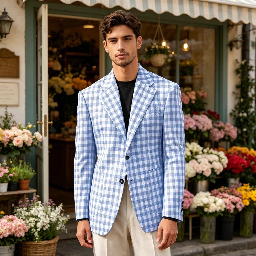Men's Checkered Cotton Blazer Notched Lapel Single-Breasted Casual Business Summer Sport Coat with Patch Pockets