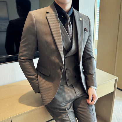 (Jackets+Pants+Vest) Luxury Stripe Men Suit Korean Version Fashion Elegant Slim Fit Tuxedo Formal Groom Wedding Social Suits