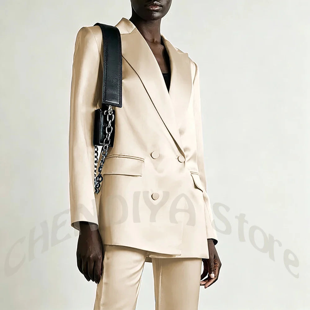 Tailored Business Attire Women Suit Elegant Satin Pink Peaked Lapel Slim Double Breastde Outfit Two Piece Office Work Female Set