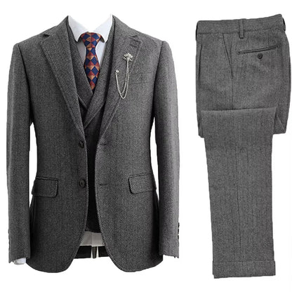 Elegant Herringbone Men Suits for Casual Business Party 3 Pieces Wedding Fashion Tuxedo Custom Made Suit Set Jacket Pant Vest