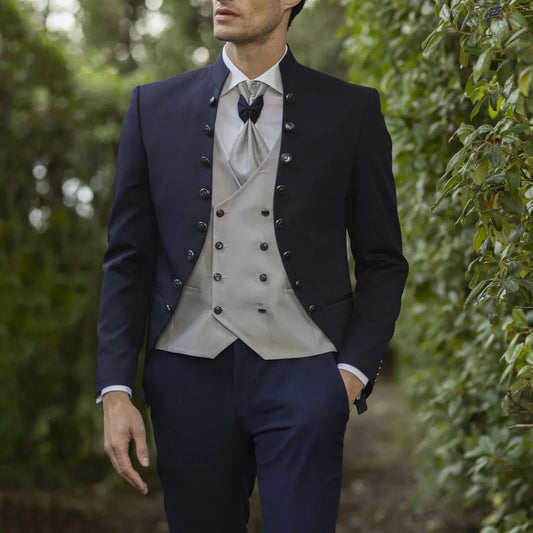 Men Suit 3 Pieces Navy Blue Buttons Height Collar For Wedding Groom Party Prom Business Office Work Daily Jacket Pants Gray Vest