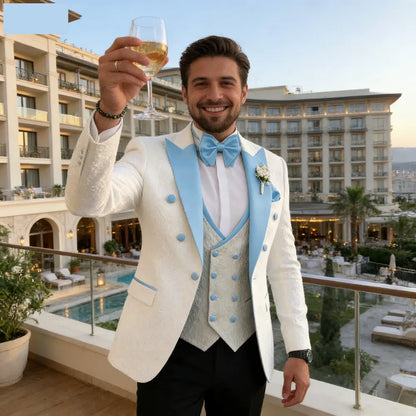 Men's Floral Wedding Tuxedo 3-Piece Set Double Breasted Jacket with Vest Peak Lapel Groom's Fashion Suit Male Wedding Attire