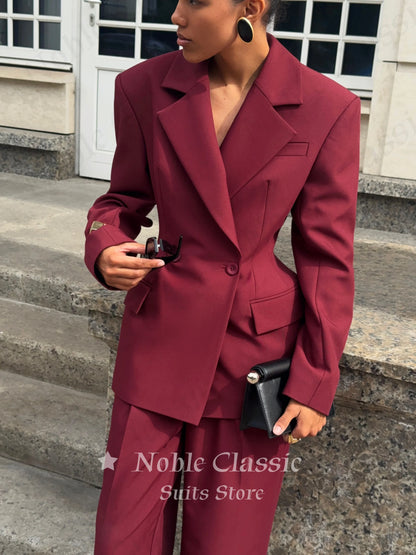 Women 2 Piece Suit Set Double Breasted Waist‑Fitted Blazer Wide Leg Pants Formal Office Business Lady Wedding Party Customized