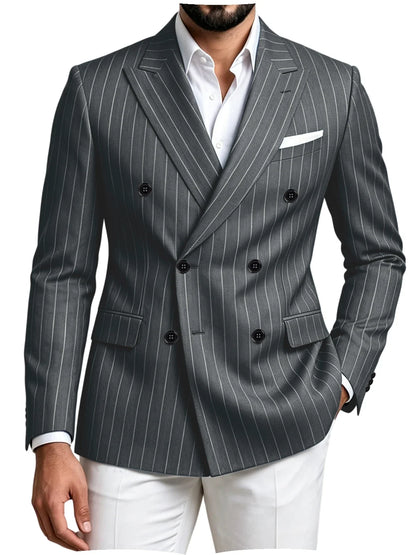Men Striped Double Breasted Suit Jacket Notch Lapel Business Slim Fit Formal Blazer Elegant Lightweight Dress Coat For Prom Work