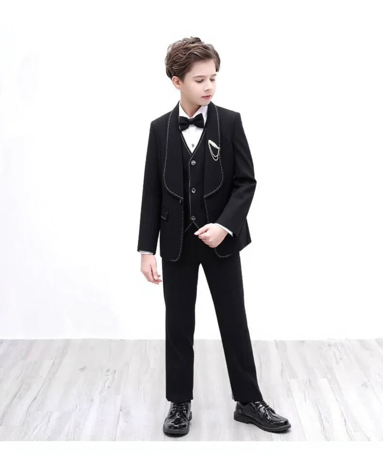 Kids Spring Autumn 5Pieces Suit Set With Jacket Vest Pants Bowtie Brooch Boys Wedding Birthday Party Performance Costume