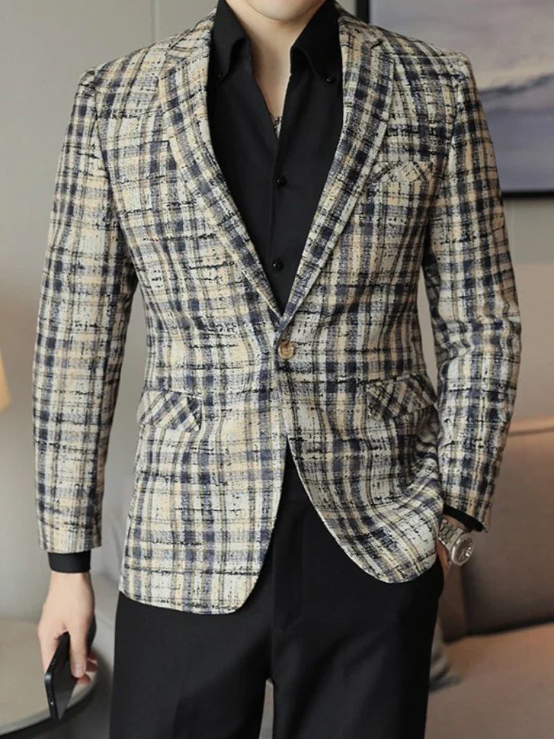 British Style Plaid Woven Casual Suit Jacket for Men Slim Fit Business Social Dress Coats Wedding Party Banquet Office Blazers