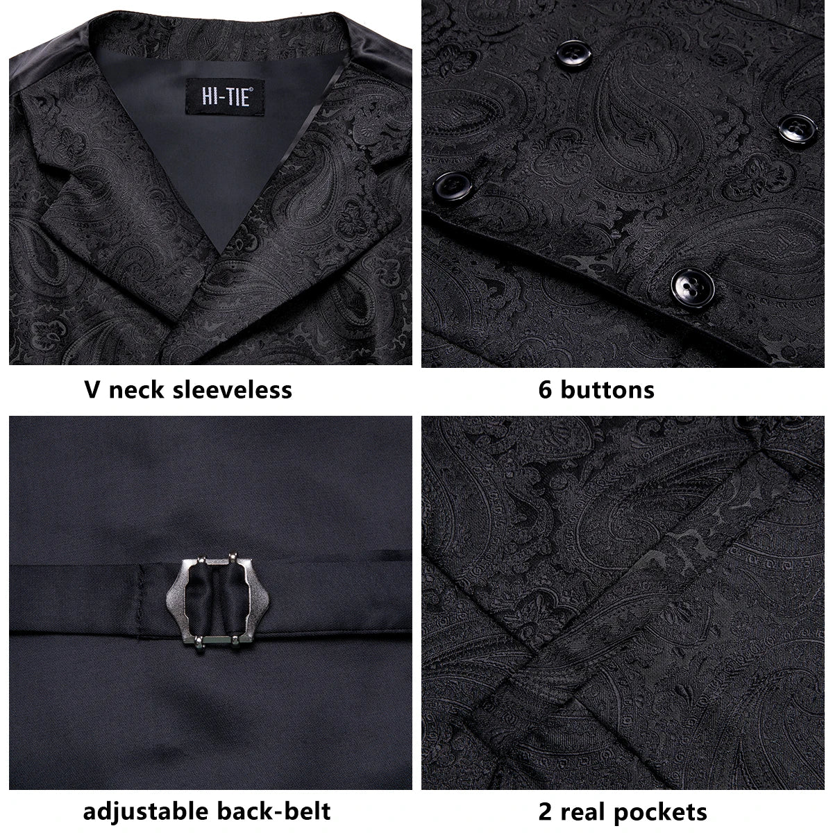 Men's Vest Tie Hanky Cufflinks Set – Black Green Jacquard Floral Paisley – Wedding & Banquet