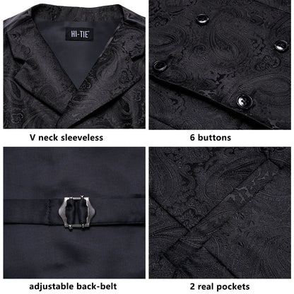 Men's Vest Tie Hanky Cufflinks Set – Black Green Jacquard Floral Paisley – Wedding & Banquet