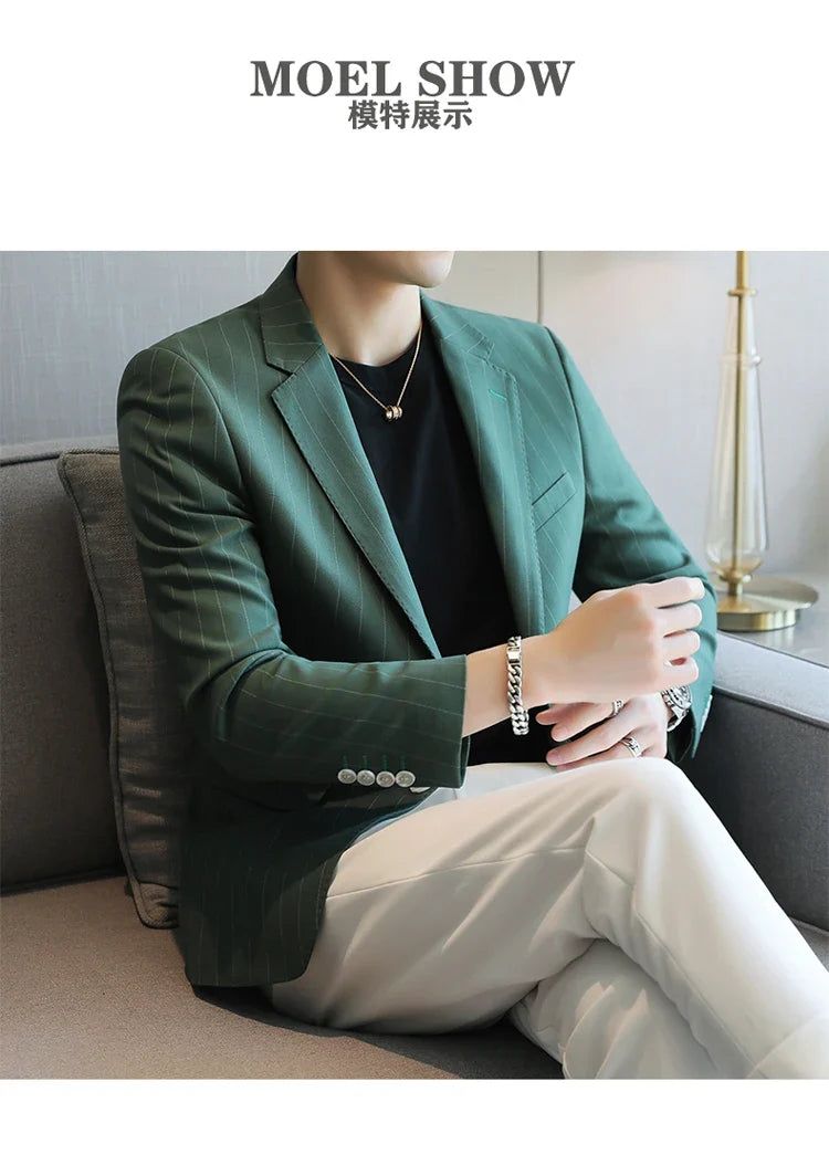 2026 Classic Striped Versatile Suit Jacket Men's Korean Fashion Casual Business Blazers Office Wedding Party Host Formal Jackets