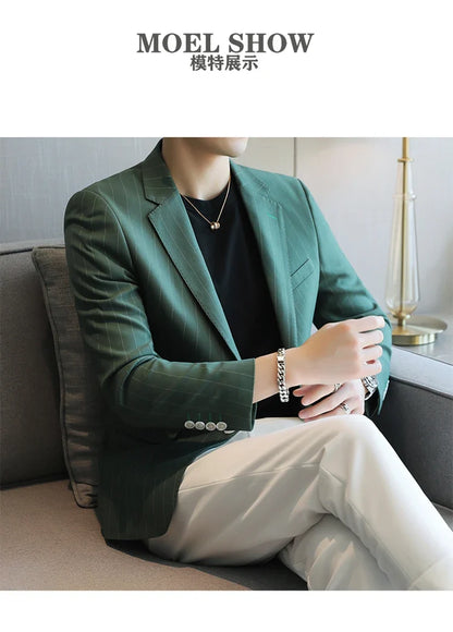 2026 Classic Striped Versatile Suit Jacket Men's Korean Fashion Casual Business Blazers Office Wedding Party Host Formal Jackets