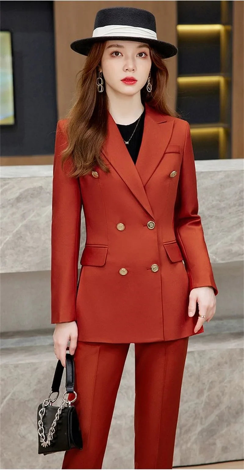 2025 Button Decoration Formal Jacket Blazer and Trouser 2 Piece Set Fashion Pink Green Black Ladies Work Wear Pant Suit Women