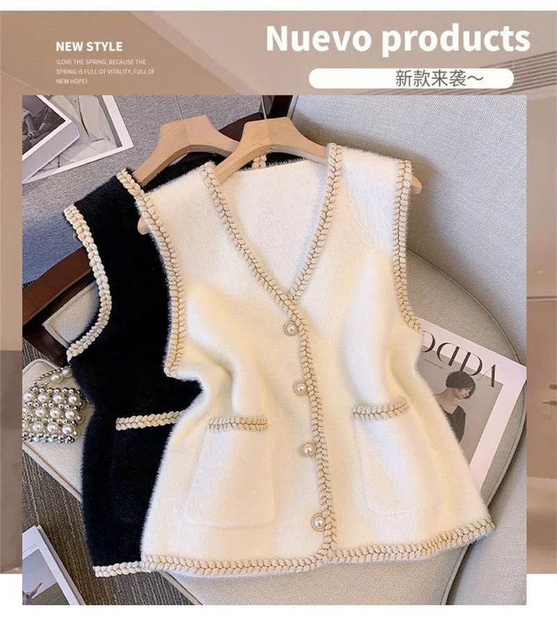 Spring And Autumn Annals Female New V-neck Knitted Mink Velvet Vest Women Xiaoxiangfeng Sweater V-neck Vest Shoulder Tops Jacket