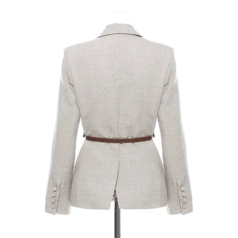 Women Blazer Contrast Color Spliced PU Leather Belted Slim Fit Single Breasted Elegant Urban High-end Jacket Spring HK10667