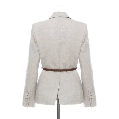 Women Blazer Contrast Color Spliced PU Leather Belted Slim Fit Single Breasted Elegant Urban High-end Jacket Spring HK10667