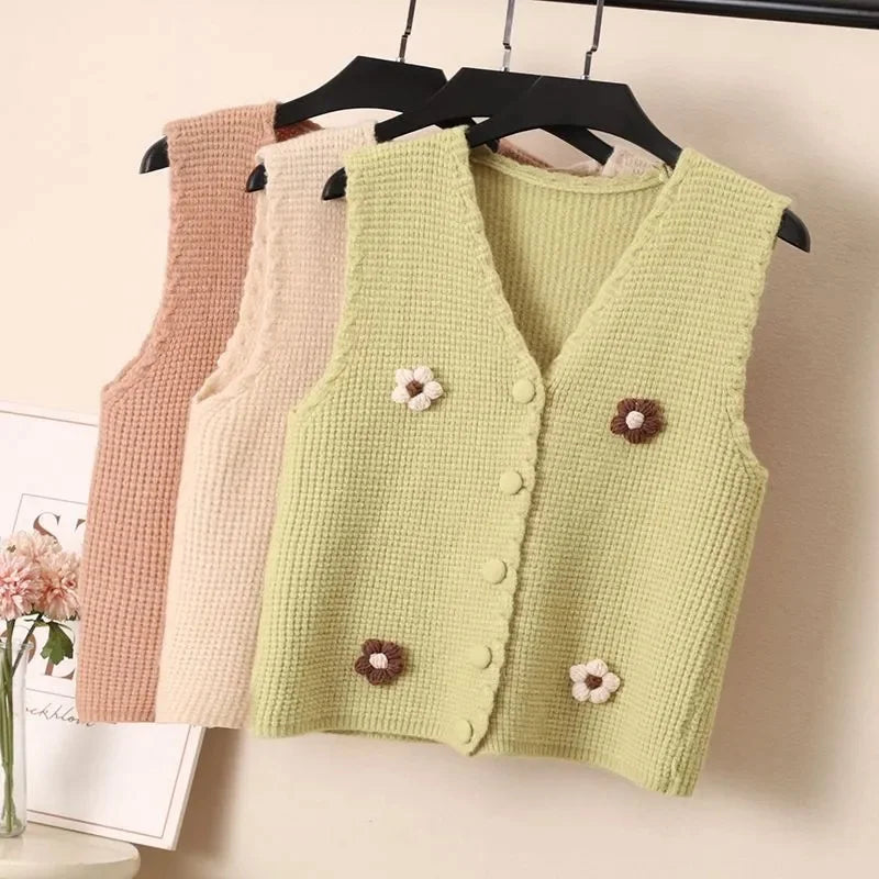Women Knitted Tank Top Autumn New Sweet And Fresh Short Loose Sleeveless Sweater Cardigan Women's Knitted Vest