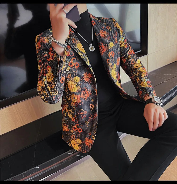 Luxury Art Jacquard Suit Jacket for Men Korean Version Business Casual Blazers Slim Fit Wedding Groom Social Dress Coats M-4XL