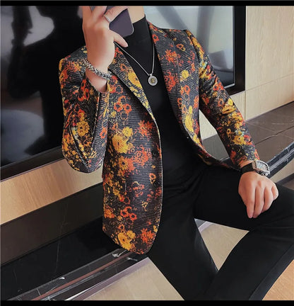 Luxury Art Jacquard Suit Jacket for Men Korean Version Business Casual Blazers Slim Fit Wedding Groom Social Dress Coats M-4XL