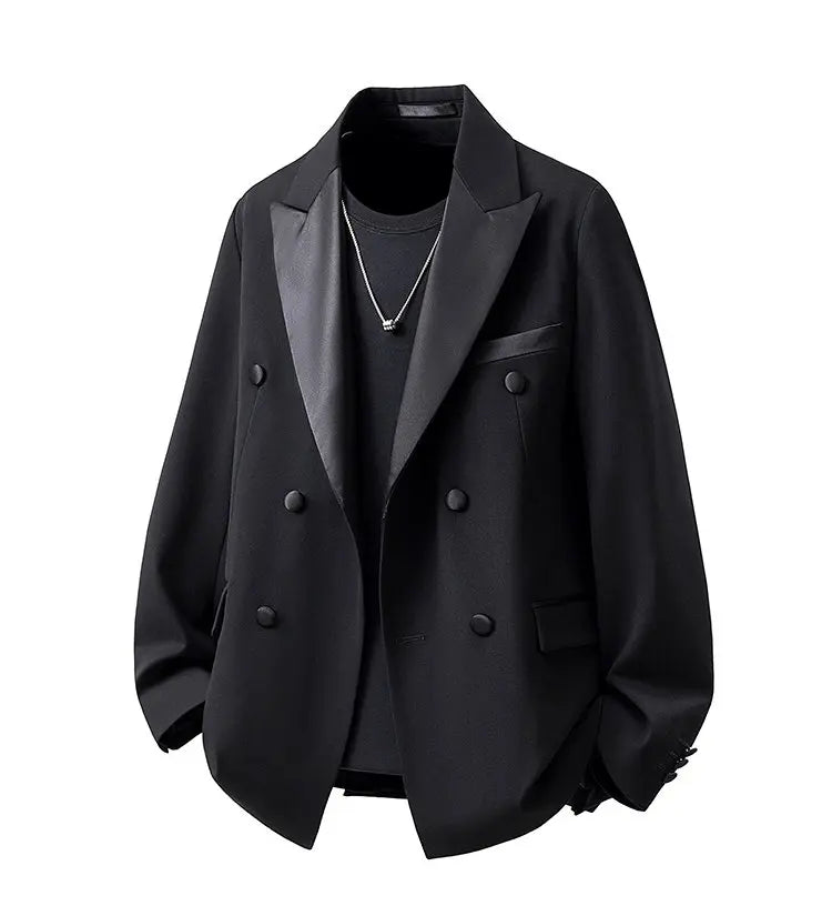 Patchwork Satin Double-breasted Designer Mens Black Blazer Hombre Elegant Groom Wedding Banquets Party Suits Jackets Coats 5XL