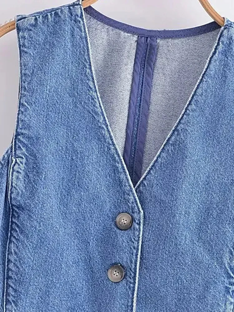 Women Fashion Front Button Denim Waistcoat Vintage V Neck Sleeveless Female Outerwear Chic Vest Tops
