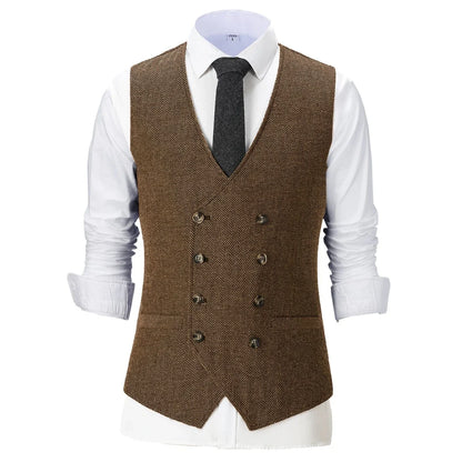 Men Vest Champagne Herringbone Double Breasted V-Neck Waistcoat for Wedding & Business
