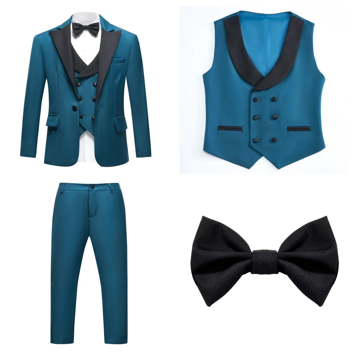 Boys 4-Piece Formal Suit Set for Kids Ages 3–14 | Solid Color Tuxedo with Blazer, Vest, Pants & Bow-Tie for Weddings & Special Occasions