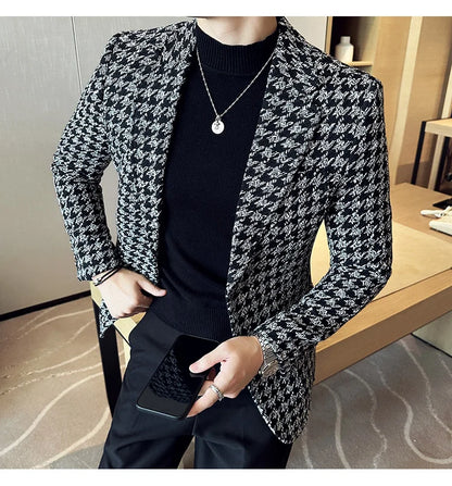 2023 Autumn Winter Plaid Men Blazers Thickened Casual Business Suits Jackets Single Buckle Wedding Groom Streetwear Social Coat