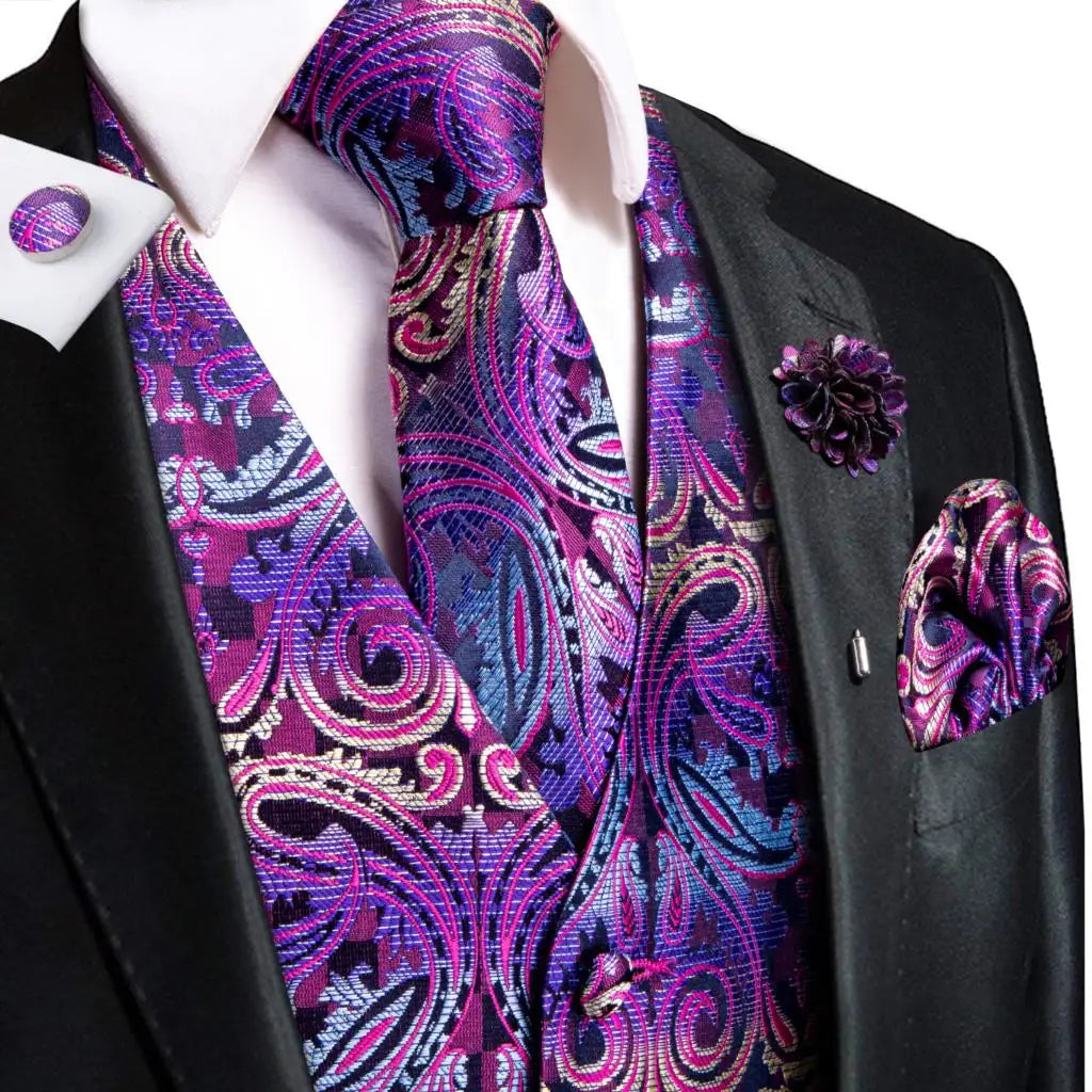 Men's Jacquard Waistcoat Suit Vest with Tie Hanky Cufflinks Brooch Set for Weddings and Business Events