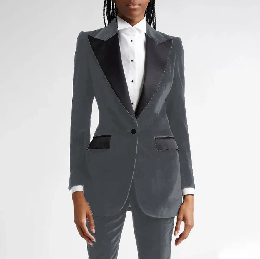 Black Flannel Women Suit Customized Single-grain Buckle Peaked Lapel Two Pieces(Jacket+Pants) Modern Business Office Lady Set