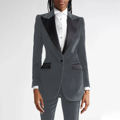 Black Flannel Women Suit Customized Single-grain Buckle Peaked Lapel Two Pieces(Jacket+Pants) Modern Business Office Lady Set