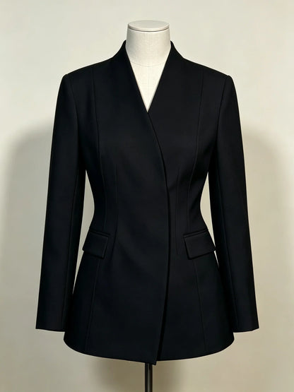 2026 New Women V Neck Blazer No Lapel Waist Shaping Suit Jacket Elegant Office Formal Outerwear 5 Colors
